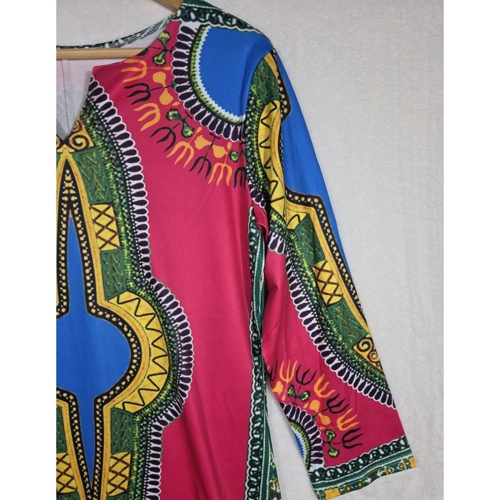 NWT Dashiki Print Tunic Dress XL Pink Blue Boho Tribal Casual Travel 3/4 Sleeve - Picture 6 of 10